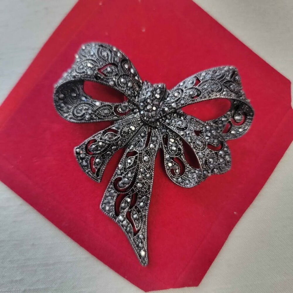 Large Black Marcasite Bow Brooch